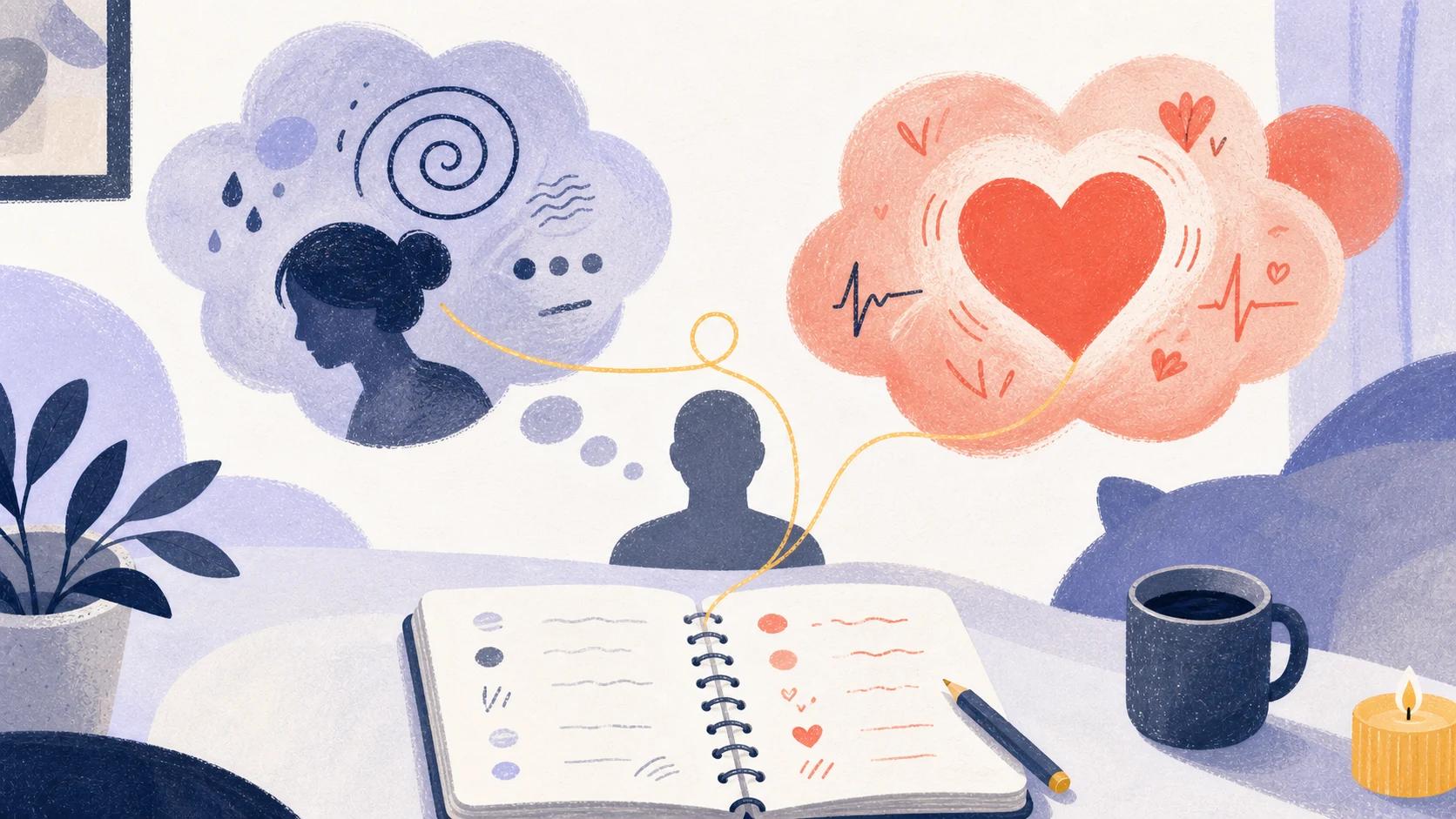 Illustrated thought cloud and heart cloud connected over a symptom notebook, suggesting anxiety and skipped beats can feel similar.