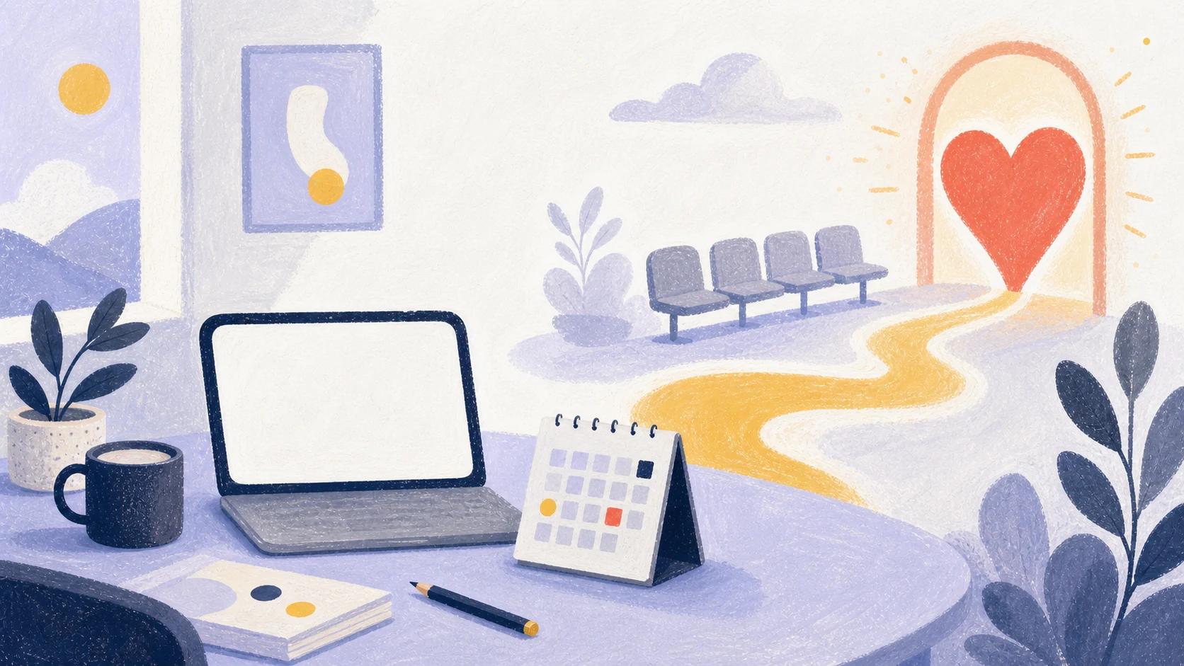 Illustrated home desk with a blank laptop, calendar, waiting chairs, and a golden path toward a coral heart doorway.