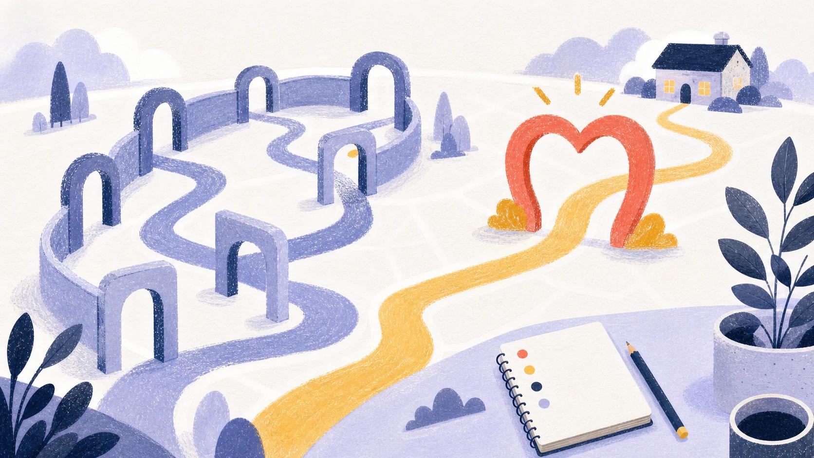 Illustrated map with looping gate paths and an open coral heart gate leading toward home.