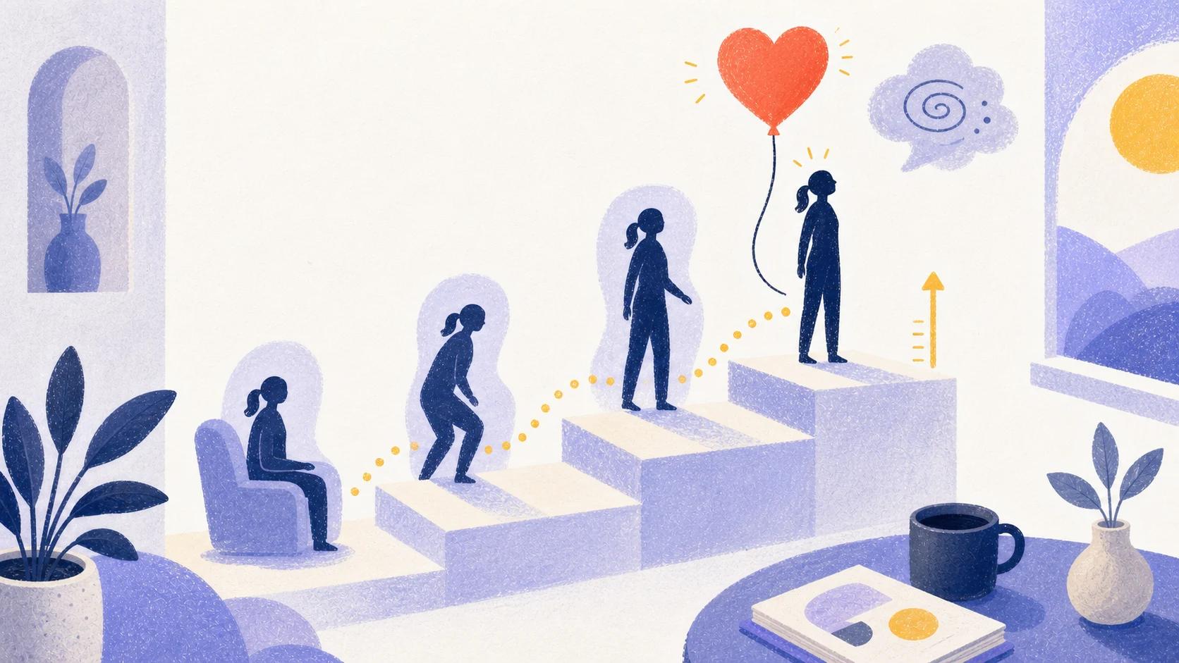 Illustrated rising steps with a standing figure, upward gold dots, and a coral heart balloon.