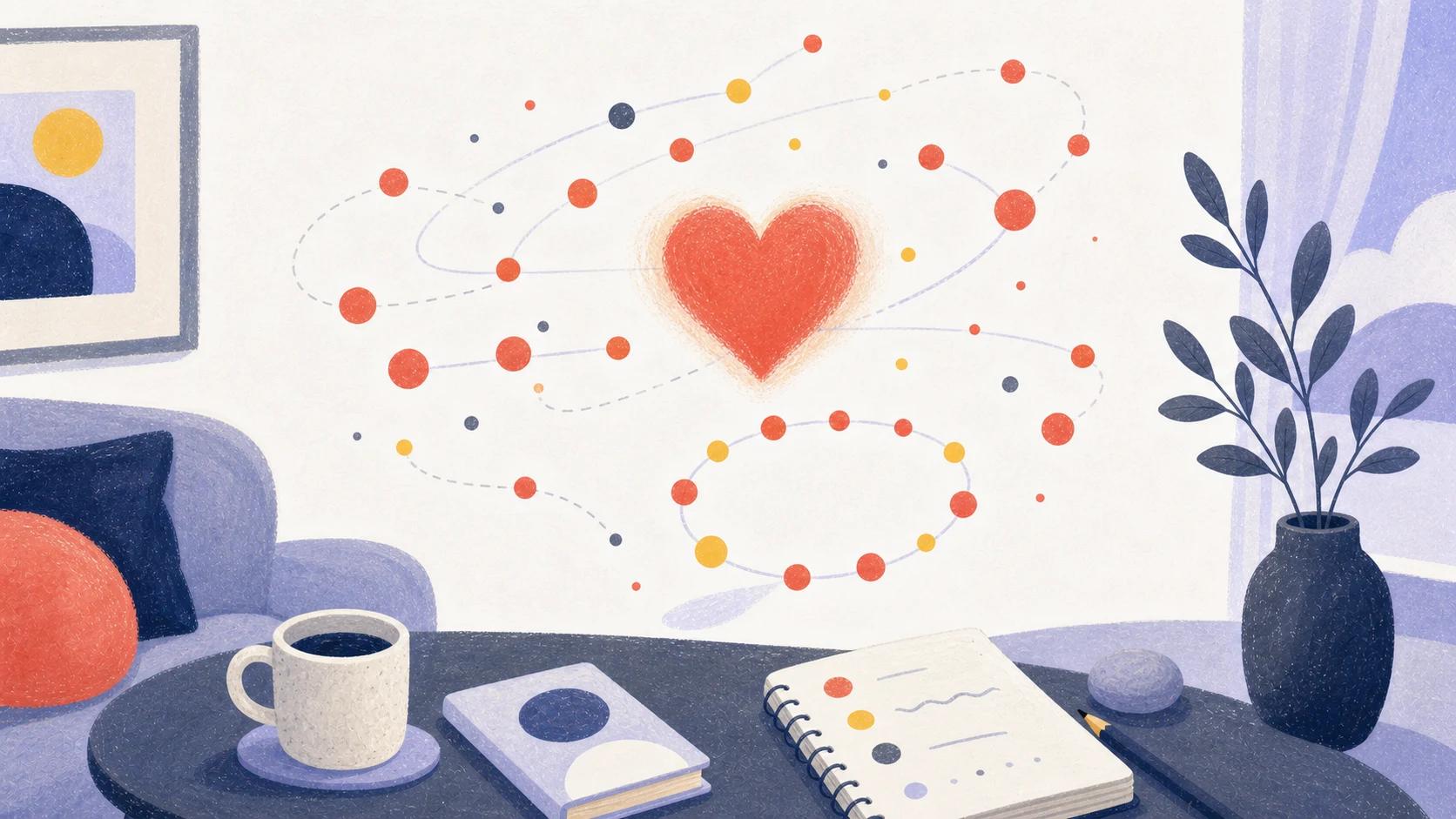 Illustrated irregular constellation of coral and gold dots orbiting a glowing heart cloud.