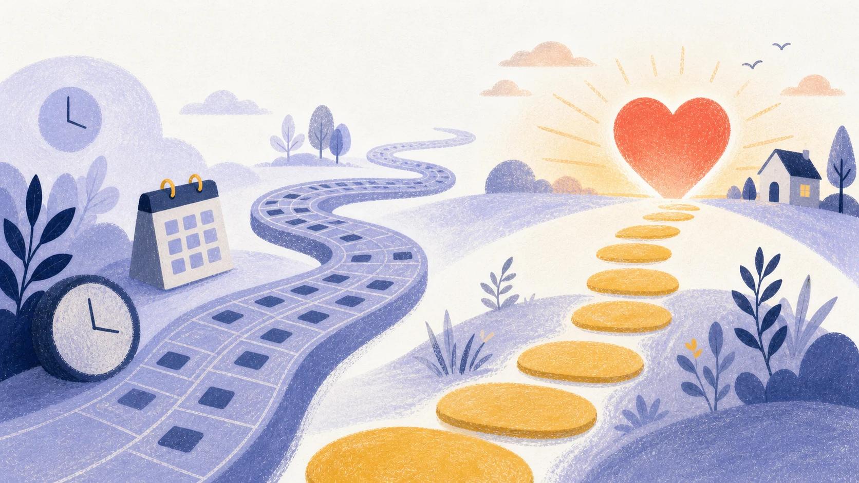 Illustrated calendar road and shortcut stepping-stone path leading toward a coral heart sunrise.