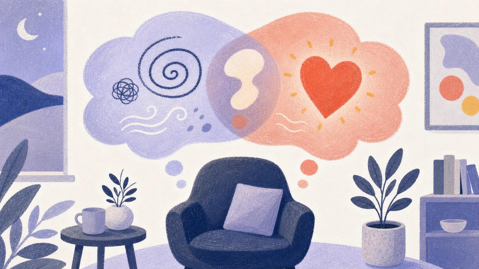 Illustrated overlapping thought and heart clouds above a calm chair, showing symptoms that can be hard to distinguish.
