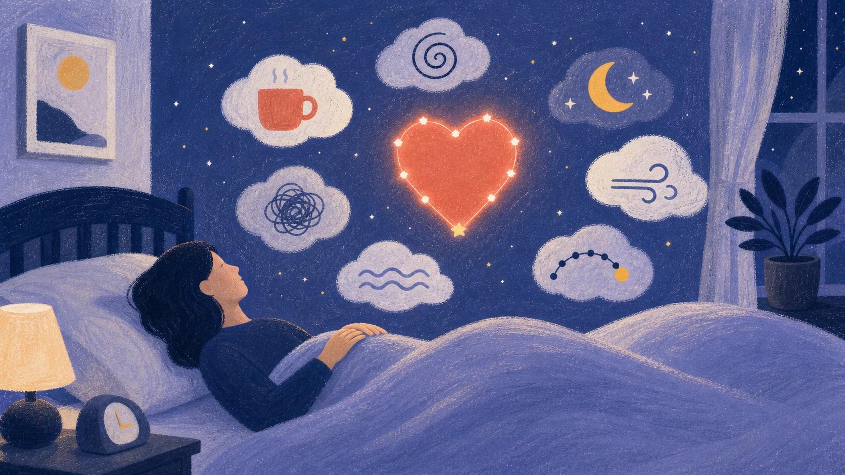 Illustrated nighttime bedroom with blanket hills, a coral heart constellation, and soft sleep-related symptom clouds.