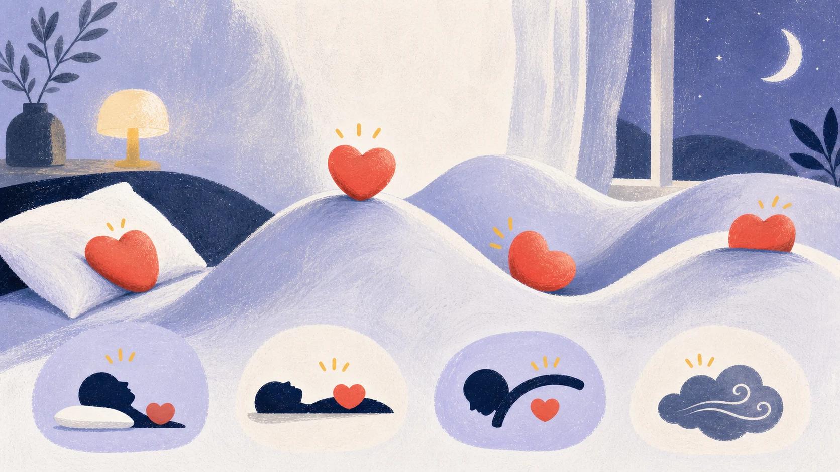 Illustrated blanket hills with coral heart pebbles and position-related clouds, suggesting palpitations while lying down.