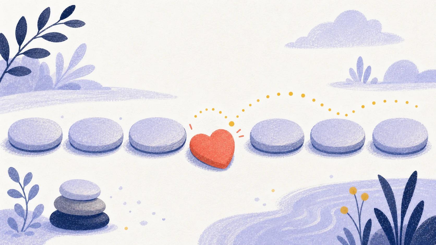 Illustrated row of rounded stepping stones with one coral heart-shaped stone slightly offset.