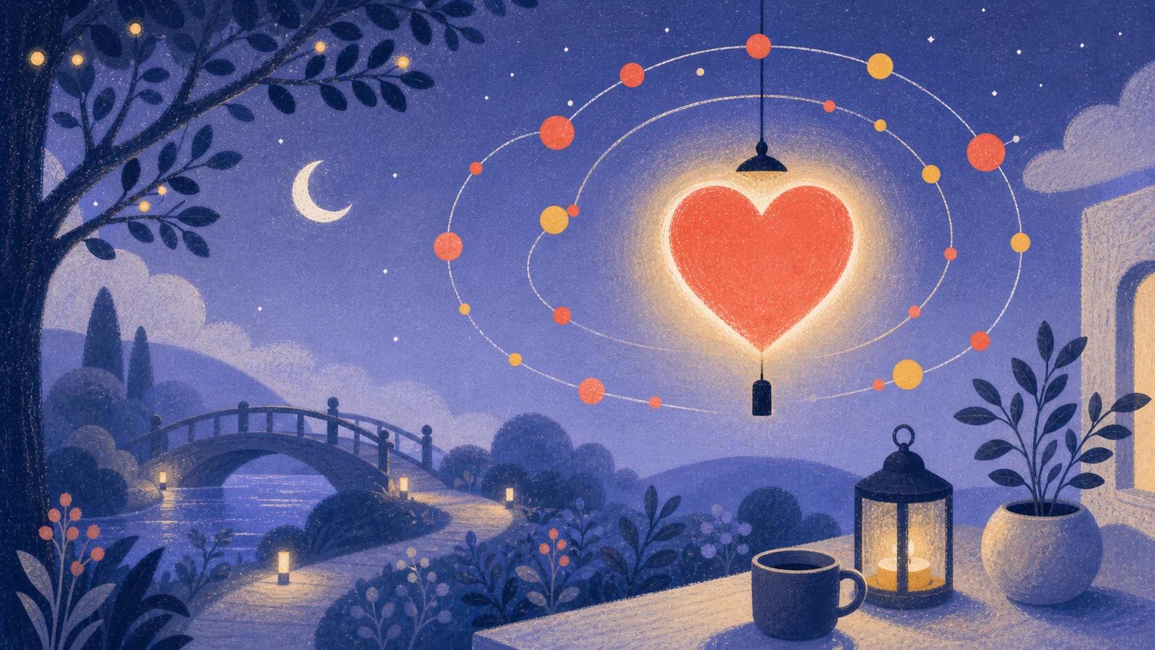 Illustrated night garden with irregular dots orbiting a glowing coral heart lantern near a quiet bridge.