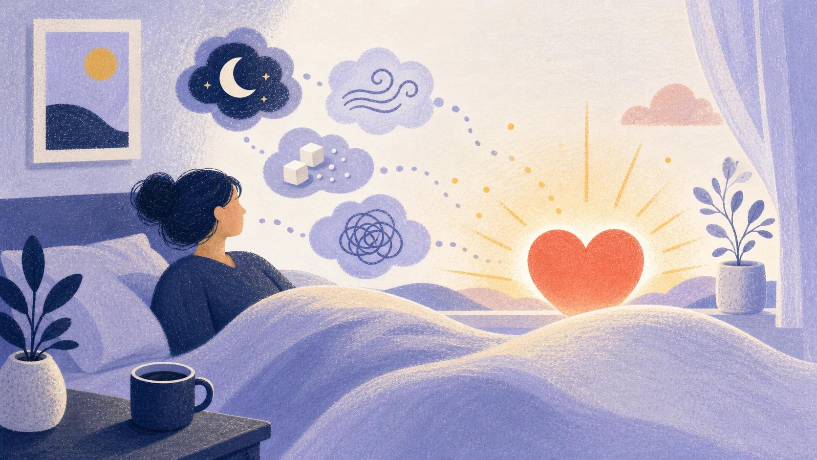 Illustrated dawn bedroom with a coral heart sunrise rising over blanket hills and drifting dream-cloud symbols.