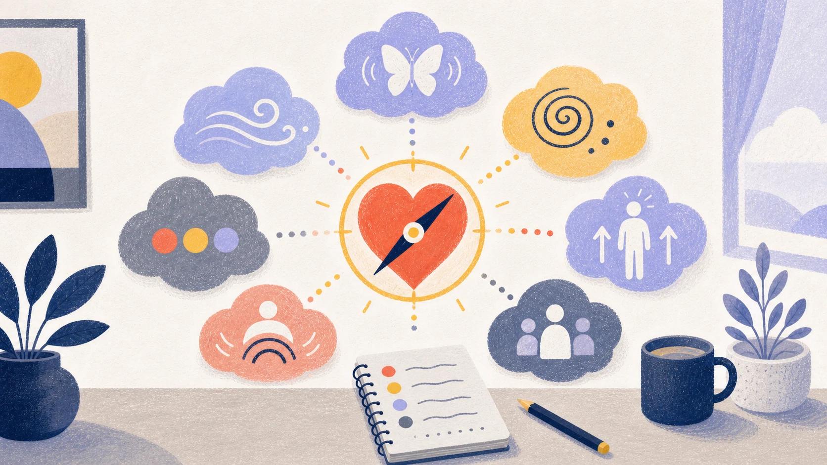 Illustrated seven cloud-shaped warning clues arranged around a coral heart compass above a blank notebook.